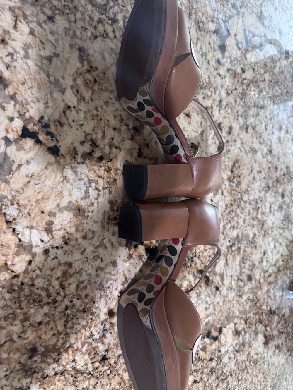 Clarks Brown Leather Mary Jane Heels with Pink and Yellow Flower Appliqués - Picture 2 of 3